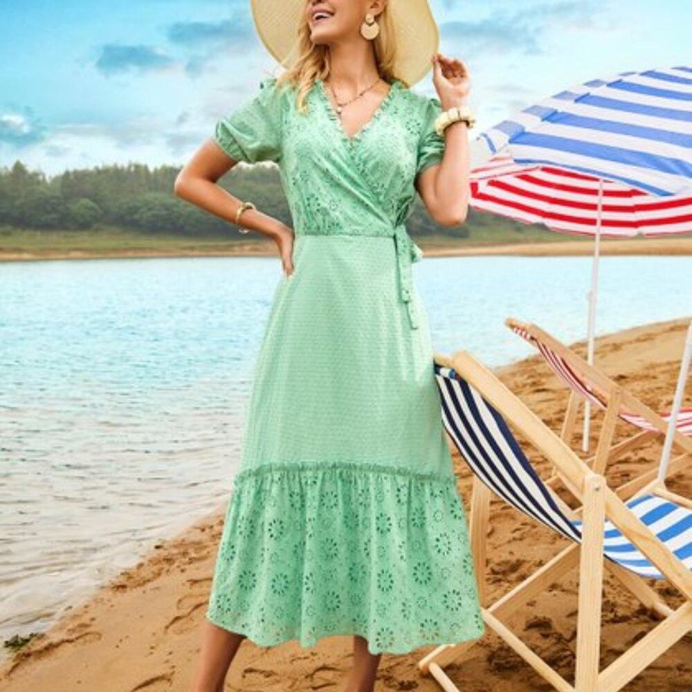 Suzanne Betro Green Floral Ruffle-Hem Surplice Boho Midi Dress Size 1X